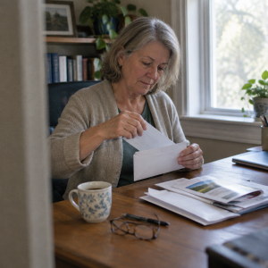 Loan officer preparing reverse mortgage marketing mailers at a sunlit desk