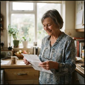 Senior homeowner opening and reading a letter at her kitchen counter in morning light