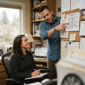 Loan officer pointing at a pie chart while explaining strategy to a colleague
