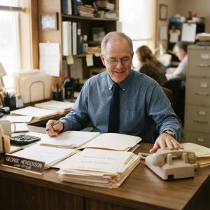 Loan officer at his desk working through client files with natural window light
